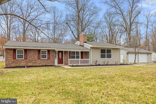 ranch-style home featuring a porch, a chimney, a front lawn, a garage, and brick siding