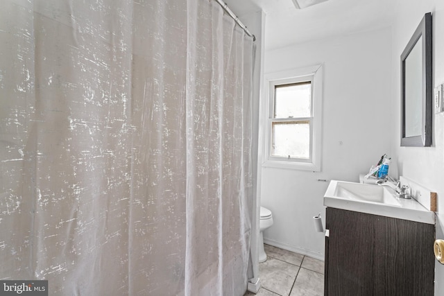 bathroom featuring walk in shower, tile patterned flooring, vanity, and toilet