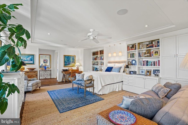 bedroom with ceiling fan and light wood-type flooring