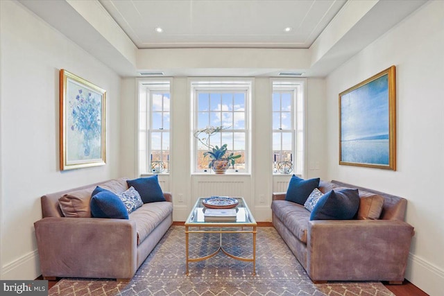 living room with a tray ceiling