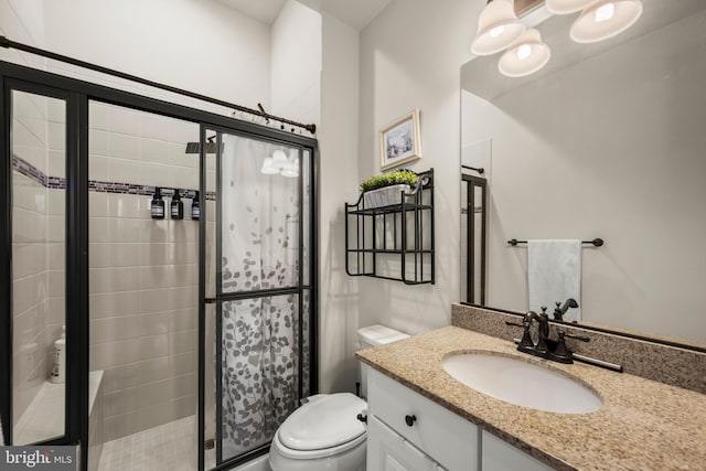 full bathroom featuring vanity, a shower stall, and toilet