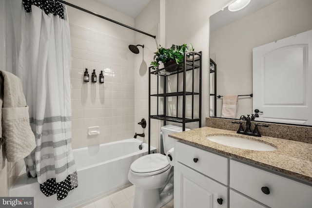 bathroom with vanity, toilet, tile patterned flooring, and shower / tub combo with curtain