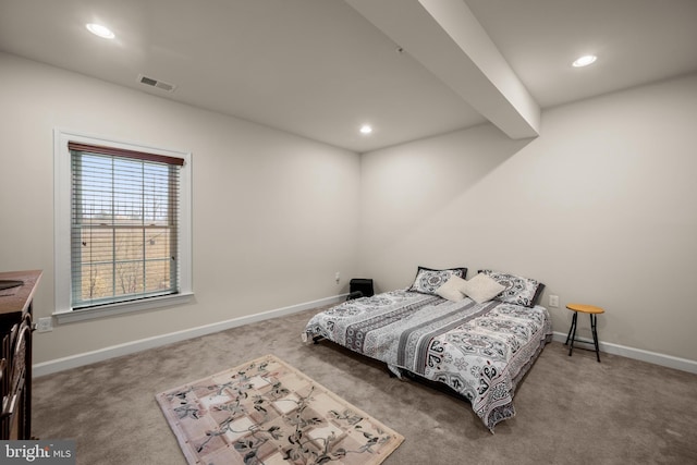 carpeted bedroom with recessed lighting, visible vents, and baseboards