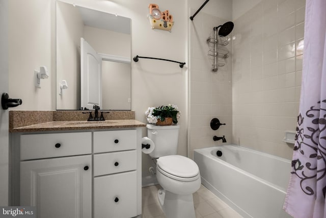 full bathroom with tile patterned floors, toilet, vanity, and shower / bath combination with curtain