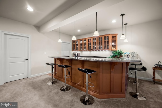 bar featuring indoor wet bar, recessed lighting, baseboards, and carpet