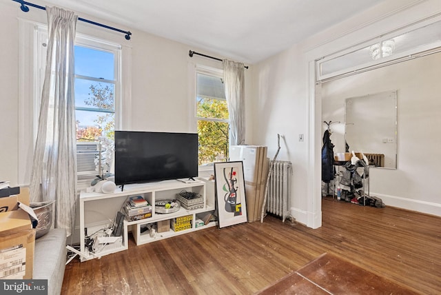 interior space with radiator heating unit and hardwood / wood-style flooring