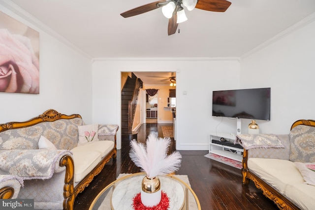 living room with dark hardwood / wood-style floors and crown molding