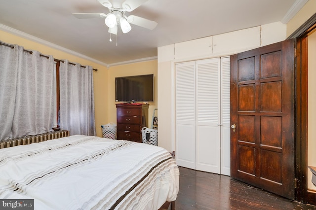 bedroom featuring ceiling fan, radiator heating unit, dark hardwood / wood-style flooring, crown molding, and a closet