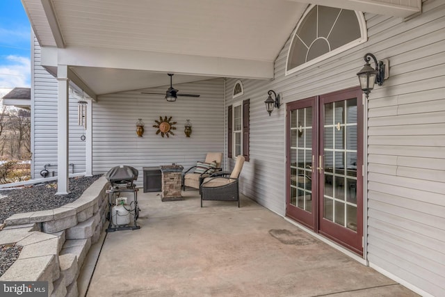 view of patio / terrace with ceiling fan, a grill, and french doors