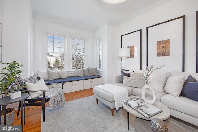 living room with wood finished floors and crown molding