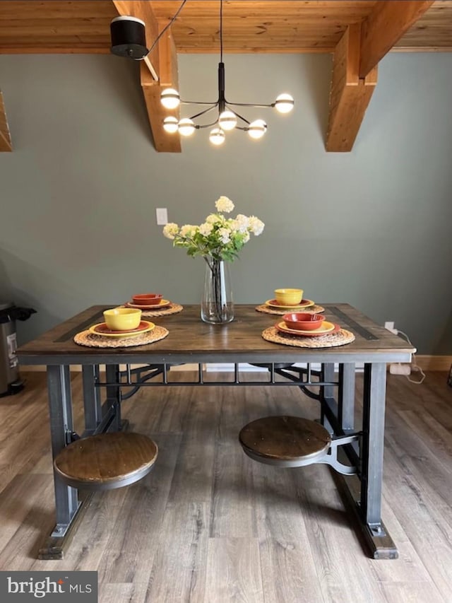 dining room featuring beam ceiling, hardwood / wood-style flooring, an inviting chandelier, and wood ceiling