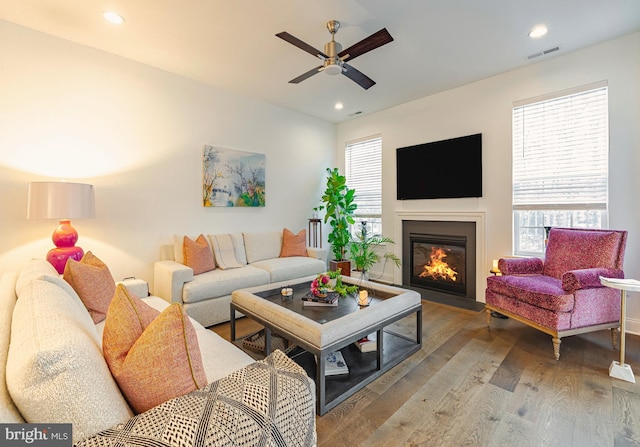 living room featuring ceiling fan and hardwood / wood-style floors