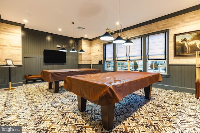 game room featuring pool table, ornamental molding, and carpet floors