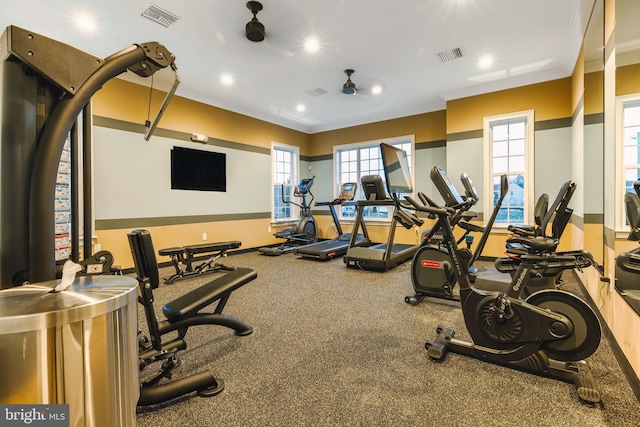 gym with ceiling fan and ornamental molding