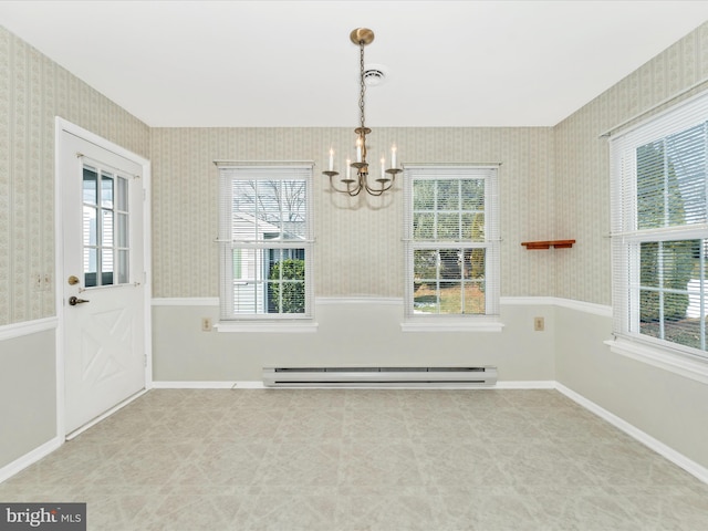 unfurnished dining area with a baseboard radiator and an inviting chandelier