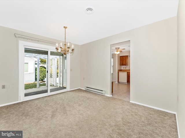 carpeted empty room featuring a notable chandelier and baseboard heating