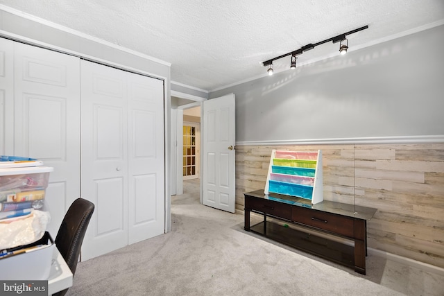 office featuring a textured ceiling, wooden walls, light carpet, track lighting, and ornamental molding