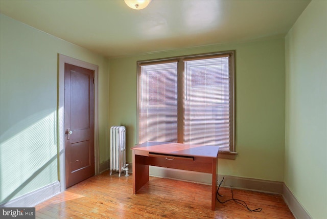 office area with radiator heating unit and light hardwood / wood-style floors