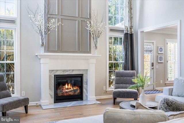 living room with crown molding, a fireplace, light hardwood / wood-style flooring, and plenty of natural light