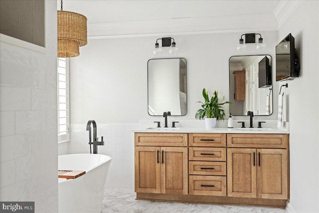 bathroom featuring vanity, a wealth of natural light, and a tub