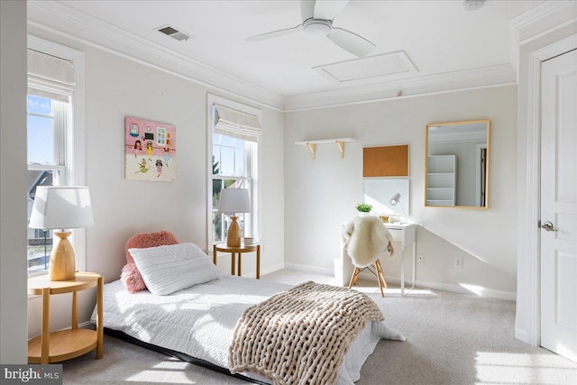 carpeted bedroom with ornamental molding and ceiling fan