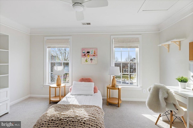 bedroom with ornamental molding, ceiling fan, carpet, and multiple windows