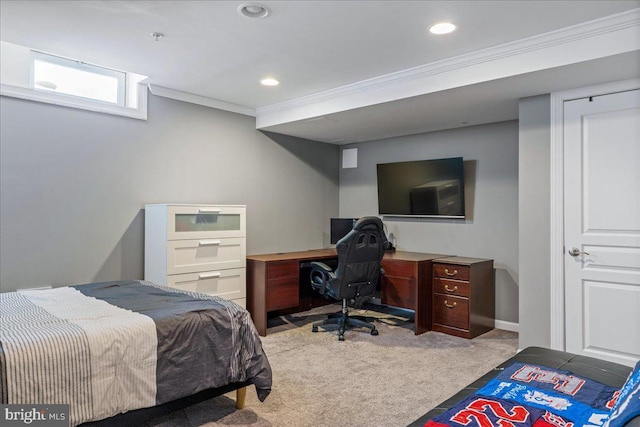 carpeted bedroom with ornamental molding