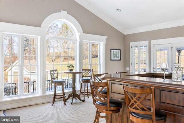 interior space featuring a healthy amount of sunlight, vaulted ceiling, crown molding, and carpet flooring