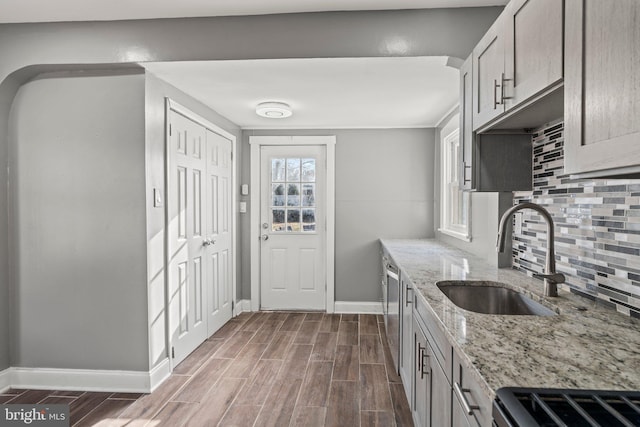 kitchen featuring light stone countertops, decorative backsplash, dishwasher, and sink