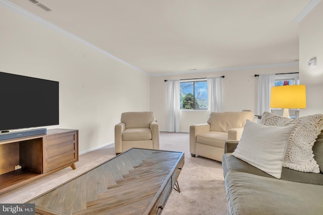 carpeted living room featuring ornamental molding