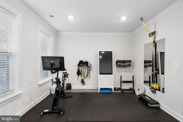 workout area with ornamental molding and plenty of natural light