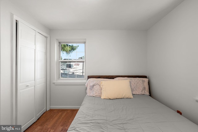 bedroom with wood-type flooring and a closet