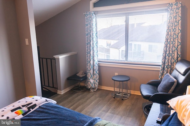 bedroom with dark hardwood / wood-style flooring, multiple windows, and lofted ceiling