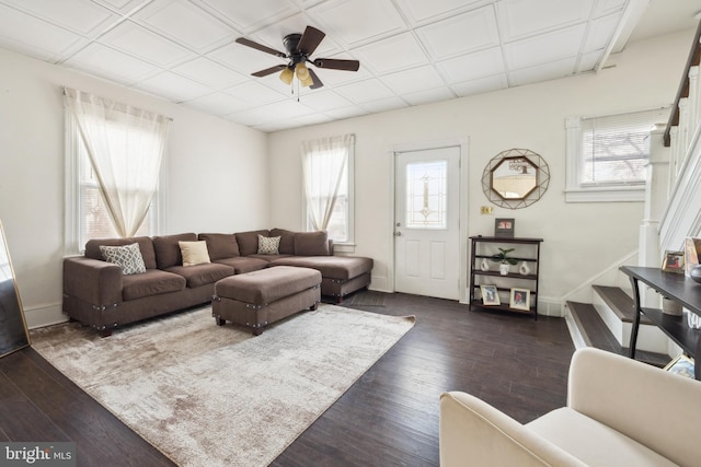 living room featuring ceiling fan and dark hardwood / wood-style floors