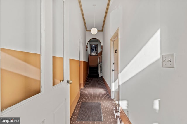 corridor featuring carpet and crown molding