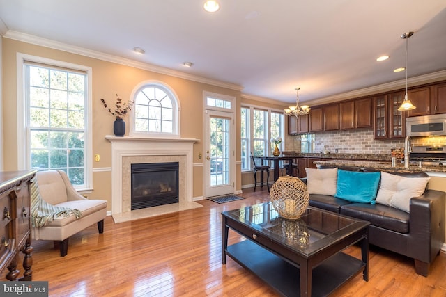 living room with ornamental molding, a healthy amount of sunlight, and light wood-type flooring