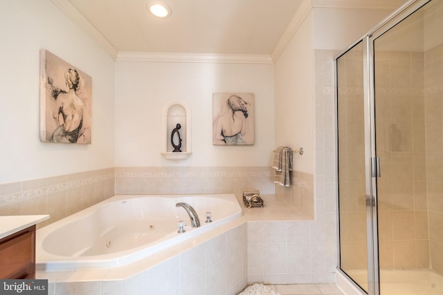 bathroom with ornamental molding, plus walk in shower, and vanity