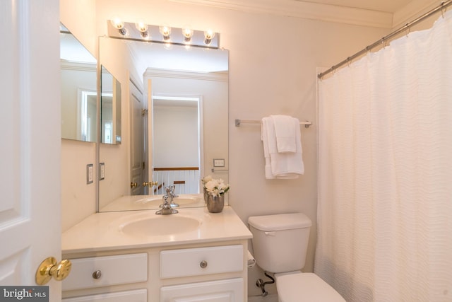 bathroom featuring vanity, ornamental molding, toilet, and a shower with shower curtain