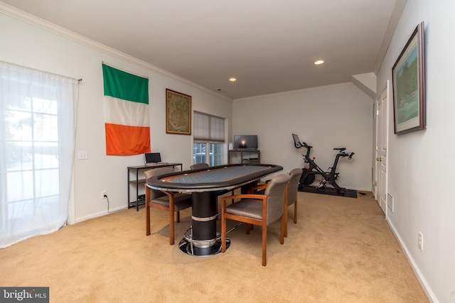 game room with ornamental molding and light carpet