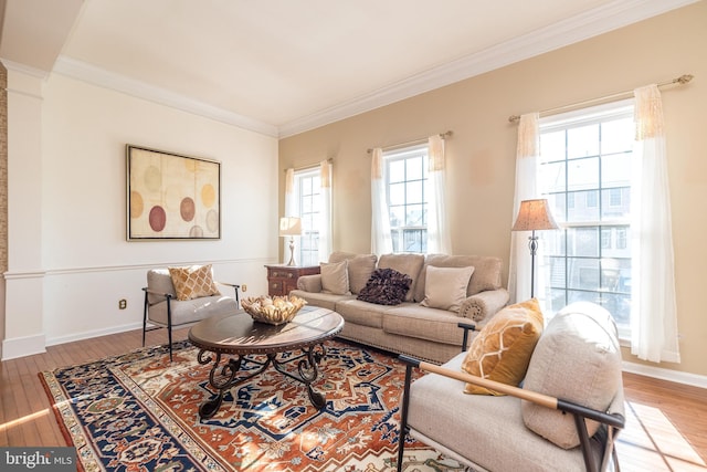 living room featuring ornamental molding and wood-type flooring