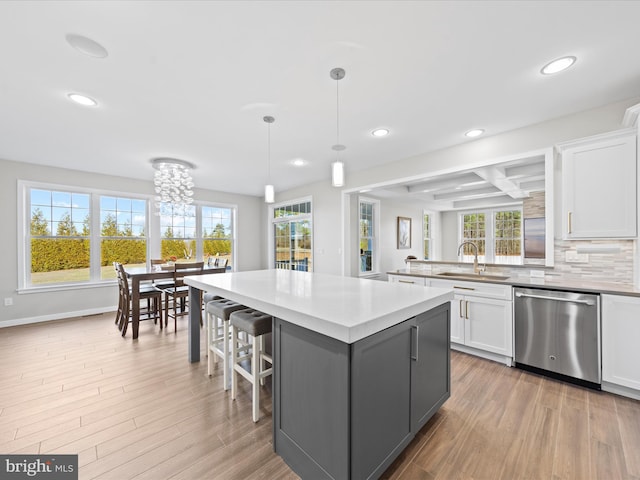 kitchen with tasteful backsplash, white cabinets, dishwasher, a center island, and a sink