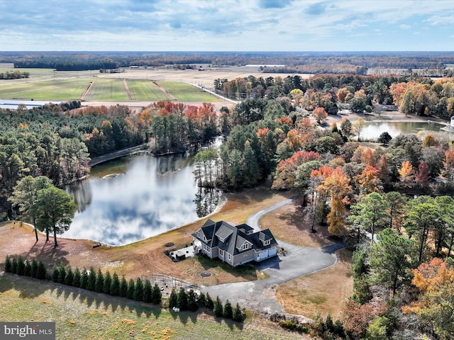 aerial view featuring a water view and a rural view