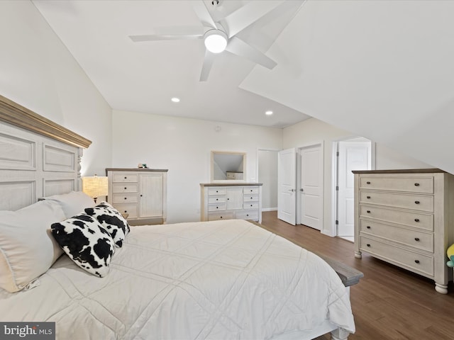 bedroom with dark wood-style floors, recessed lighting, and ceiling fan