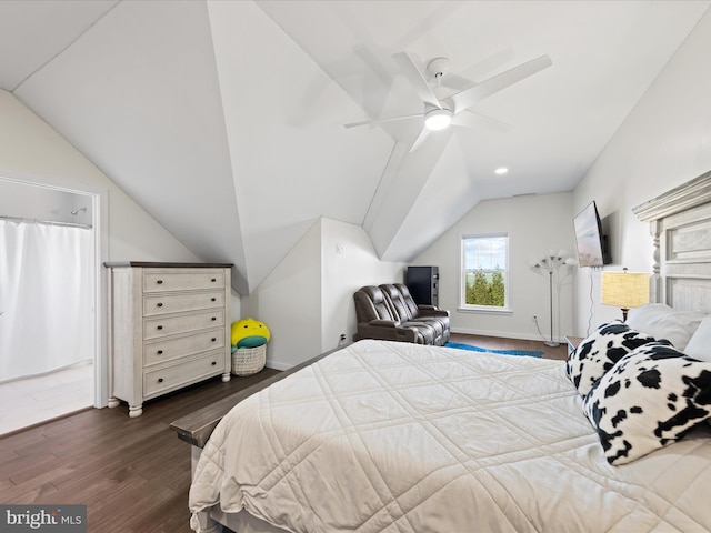 bedroom featuring dark wood-style floors, lofted ceiling, ceiling fan, and baseboards