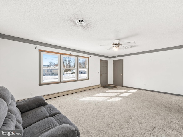 carpeted living room featuring a textured ceiling, baseboard heating, ceiling fan, and crown molding