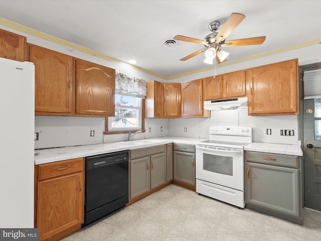 kitchen featuring white appliances, ceiling fan, and sink