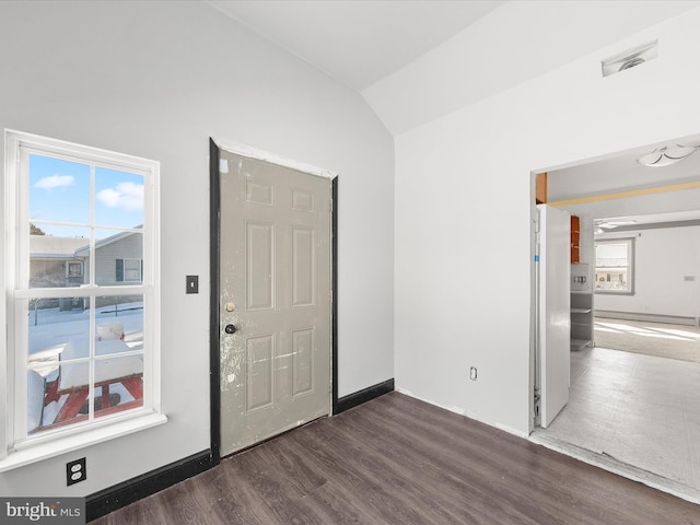 entryway featuring lofted ceiling and dark wood-type flooring