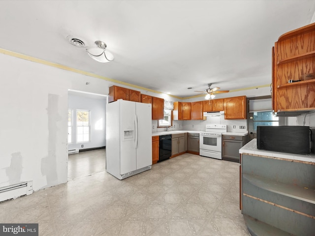 kitchen featuring white appliances, ceiling fan, a baseboard radiator, and sink