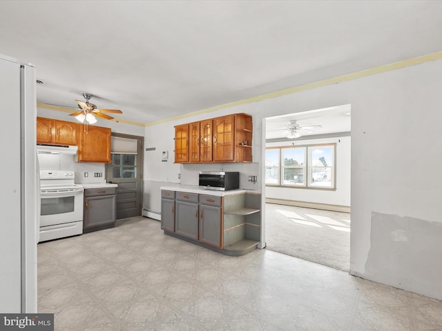 kitchen featuring baseboard heating, white range with electric stovetop, and light carpet