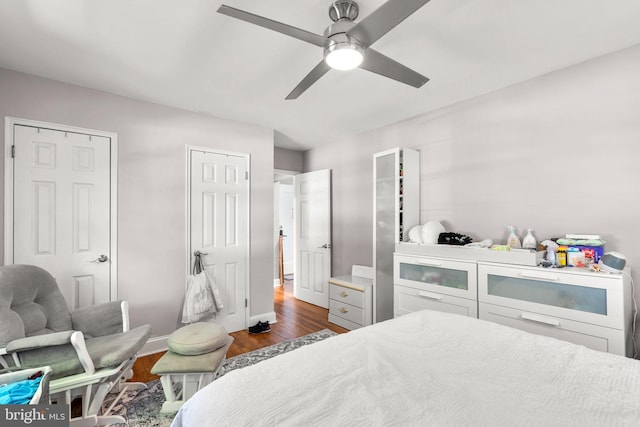 bedroom featuring ceiling fan, two closets, and dark hardwood / wood-style flooring